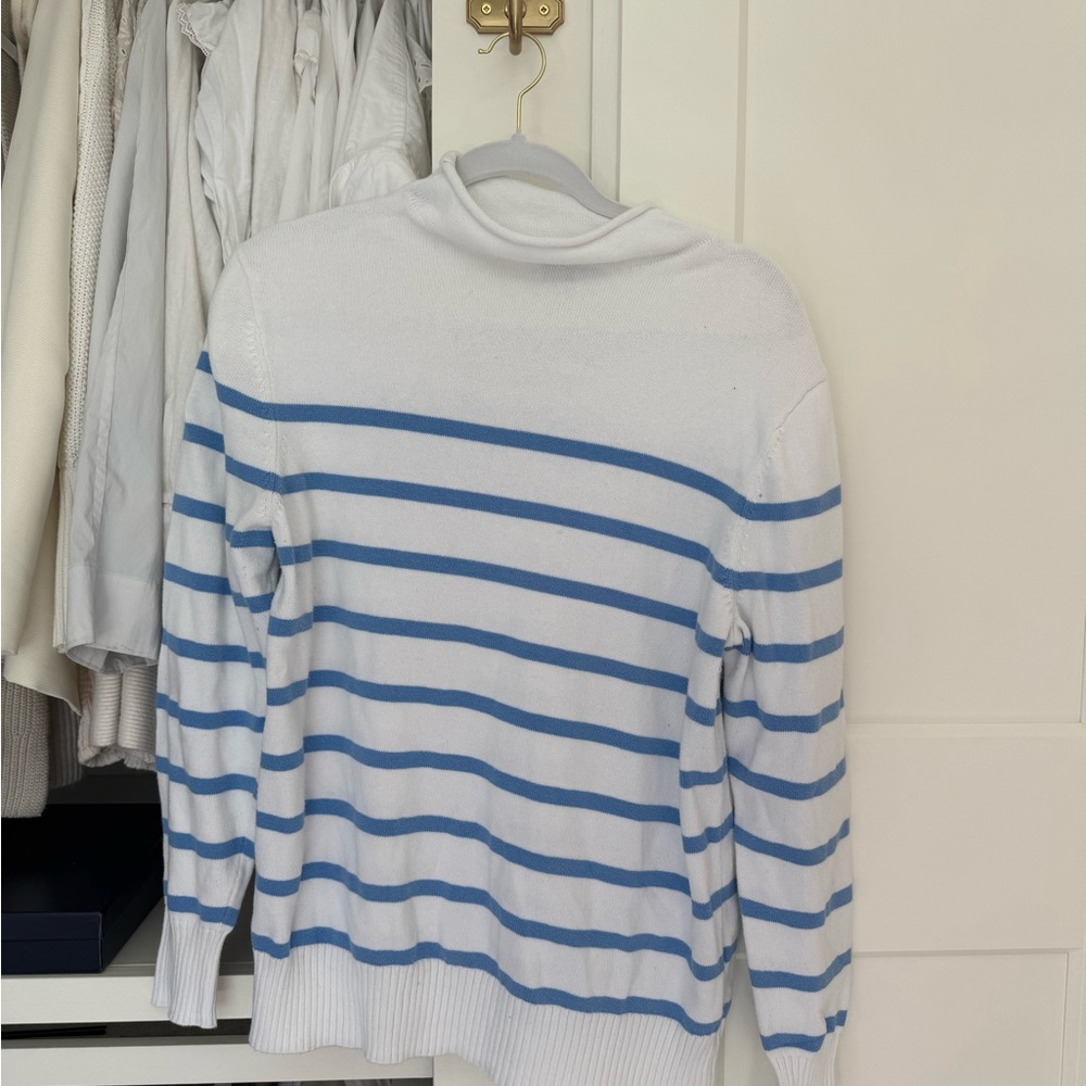 Amazon Essentials Women's White and Blue Striped Turtleneck Sweater